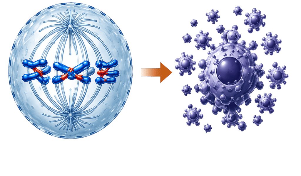 Diagram showing abnormal mitosis causing mitotic arrest on the left and apoptotic/mitotic catastrophe on the right, connected by an arrow.