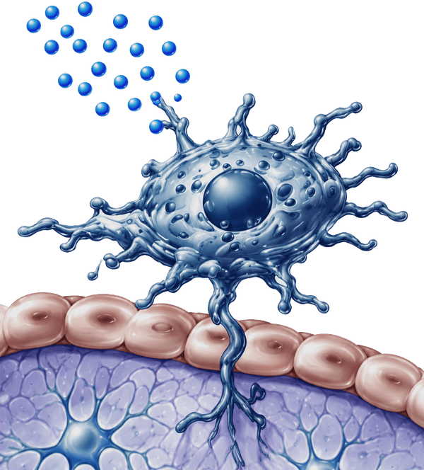 Illustration of a blue immune cell attaching to a pink epithelial cell layer and releasing particles from it.