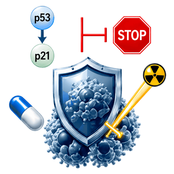 Concept artwork for biosecurity and cancer biology: a blue shield with molecular clusters, surrounded by a pill, a stop sign, a key with a radiation symbol, and p53/p21 icons.