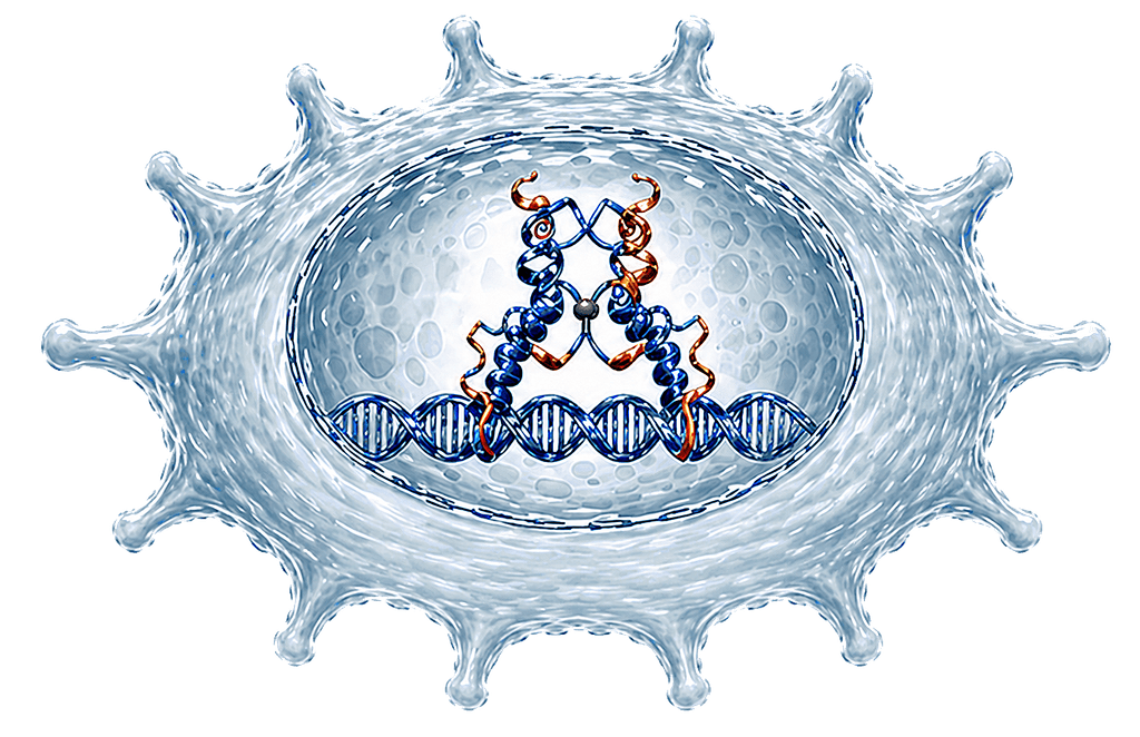 Illustration of a spherical virus particle with a visible DNA double helix inside and protein structures.